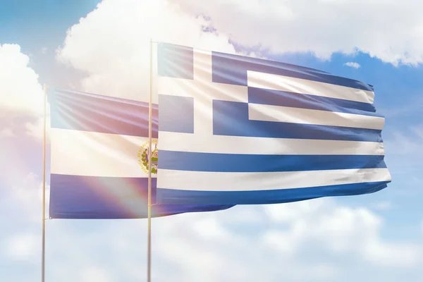 Sunny Blue Sky Flags Greece Salvador — Stok fotoğraf