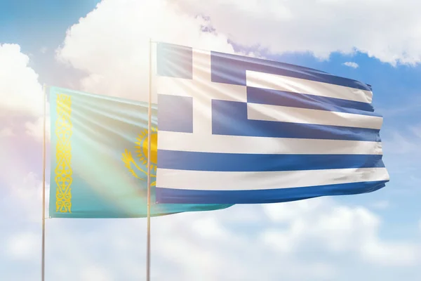 Sunny Blue Sky Flags Greece Kazakhstan — Stok fotoğraf