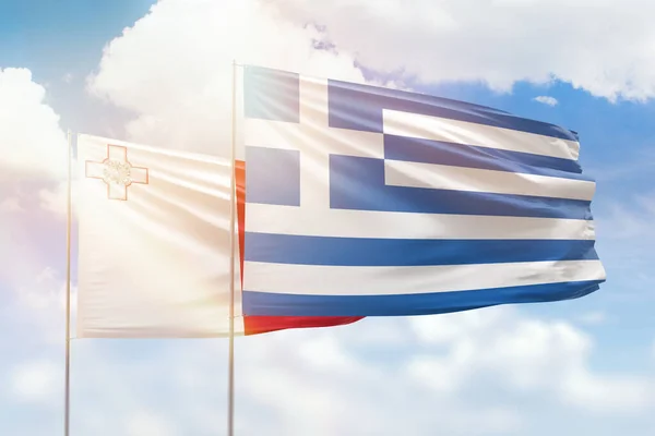 Sunny Blue Sky Flags Greece Malta — Stok fotoğraf