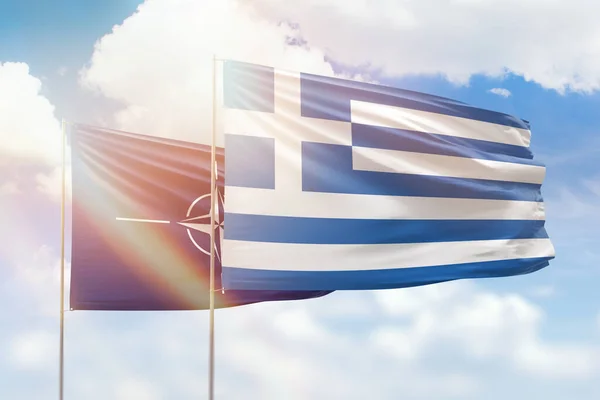 Sunny Blue Sky Flags Greece Nato — Φωτογραφία Αρχείου