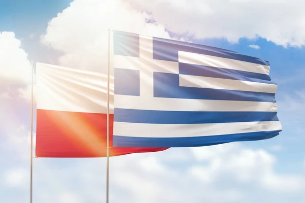 Sunny Blue Sky Flags Greece Poland — Stok fotoğraf