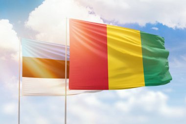 Sunny blue sky and flags of guinea and estonia