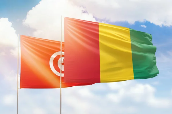 Sunny Blue Sky Flags Guinea Tunisia — Stockfoto