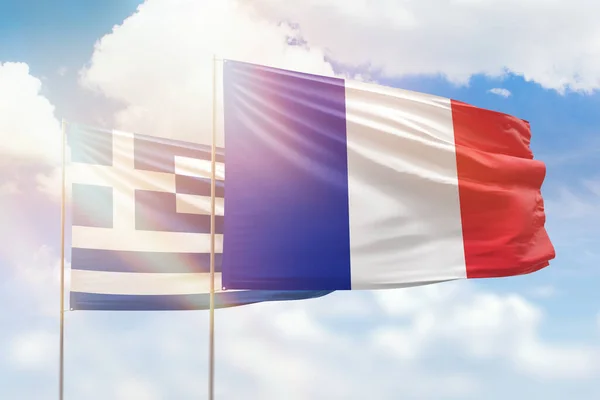Sunny Blue Sky Flags France Greece — Stok fotoğraf