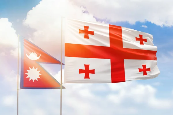 Sunny Blue Sky Flags Georgia Nepal — Zdjęcie stockowe