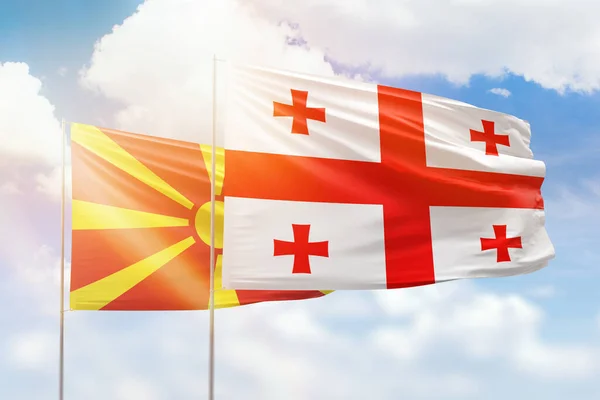 Sunny Blue Sky Flags Georgia North Macedonia — Stock Photo, Image