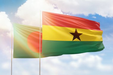 Sunny blue sky and flags of ghana and bangladesh