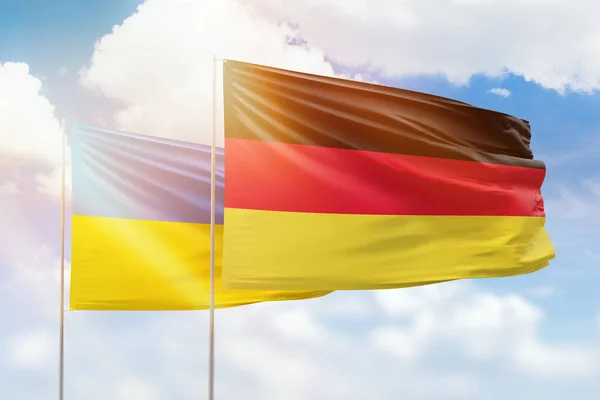 Sunny Blue Sky Flags Germany Ukraine — Stok fotoğraf