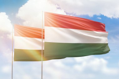 Sunny blue sky and flags of hungary and hungary