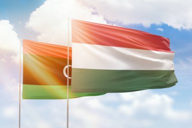 Sunny blue sky and flags of hungary and libya
