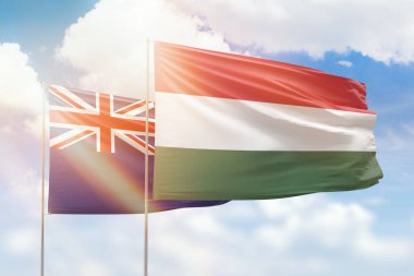 Sunny blue sky and flags of hungary and new zealand