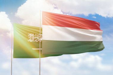 Sunny blue sky and flags of hungary and saudi arabia