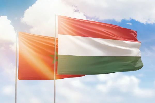 Sunny Blue Sky Flags Hungary Morocco — Stockfoto