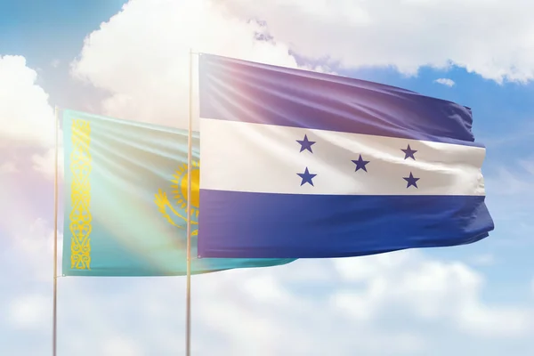 Sunny Blue Sky Flags Honduras Kazakhstan — Stockfoto