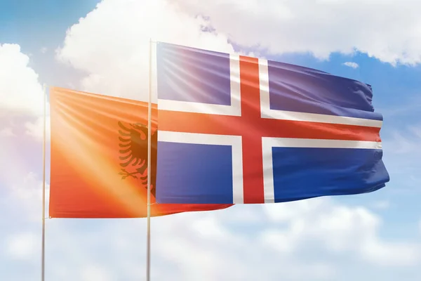 Sunny Blue Sky Flags Iceland Albania — Zdjęcie stockowe