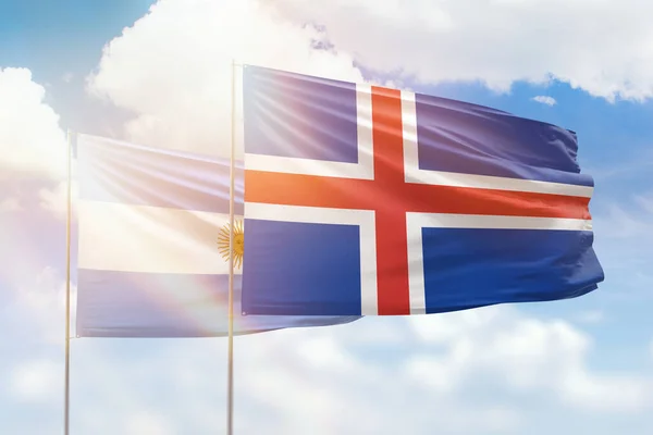 Sunny Blue Sky Flags Iceland Argentina — Zdjęcie stockowe