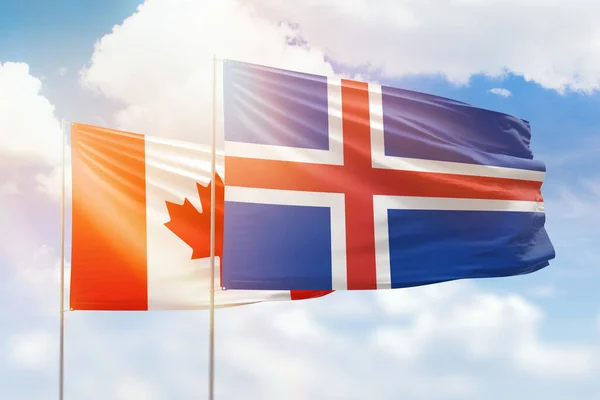 Sunny Blue Sky Flags Iceland Canada — Zdjęcie stockowe