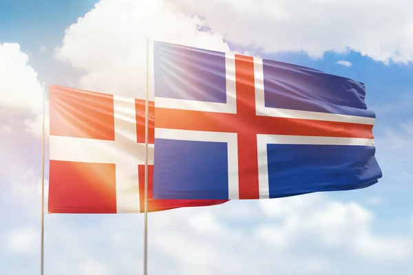 Sunny Blue Sky Flags Iceland Denmark — Zdjęcie stockowe