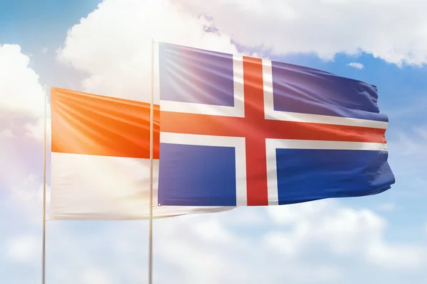 Sunny Blue Sky Flags Iceland Indonesia — 图库照片