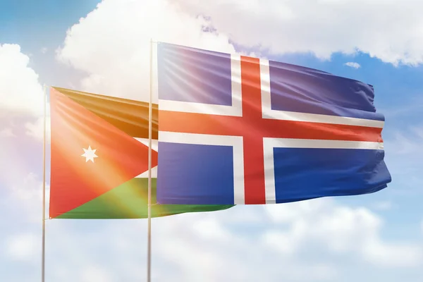 Sunny Blue Sky Flags Iceland Jordan — Zdjęcie stockowe
