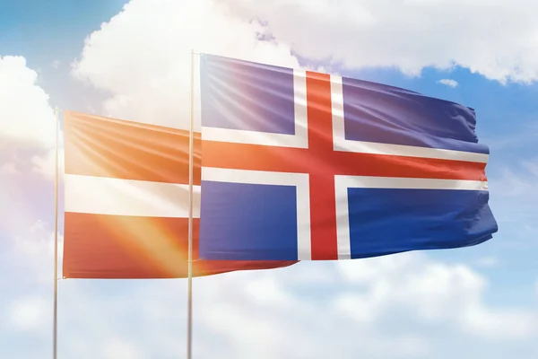 Sunny Blue Sky Flags Iceland Latvia — 图库照片