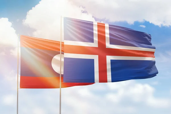 Sunny Blue Sky Flags Iceland Laos — 图库照片