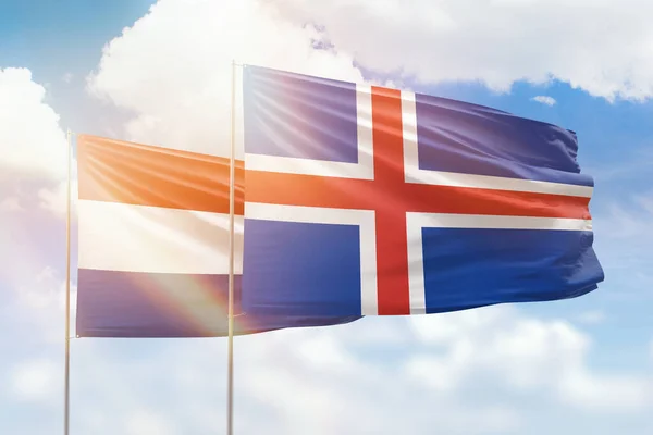 Sunny Blue Sky Flags Iceland Netherlands — Photo
