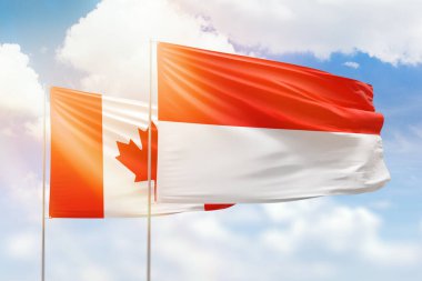 Sunny blue sky and flags of indonesia and canada