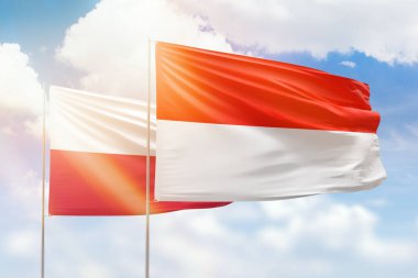 Sunny blue sky and flags of indonesia and poland