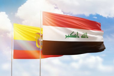 Sunny blue sky and flags of iraq and ecuador