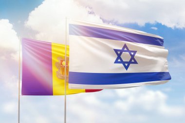 Sunny blue sky and flags of israel and andorra