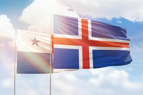 Sunny Blue Sky Flags Iceland Panama — Zdjęcie stockowe