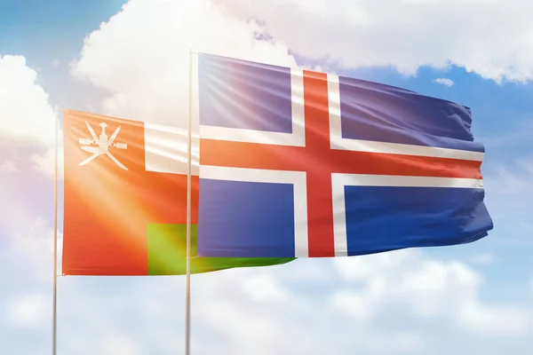 Sunny Blue Sky Flags Iceland Oman — Zdjęcie stockowe