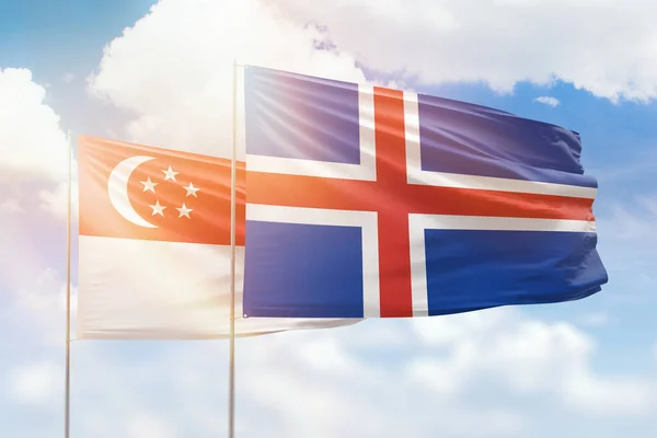 Sunny Blue Sky Flags Iceland Singapore — Zdjęcie stockowe