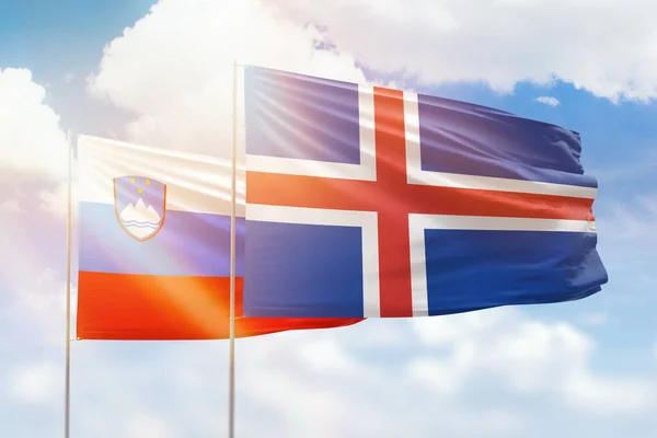 Sunny Blue Sky Flags Iceland Slovenia — Zdjęcie stockowe
