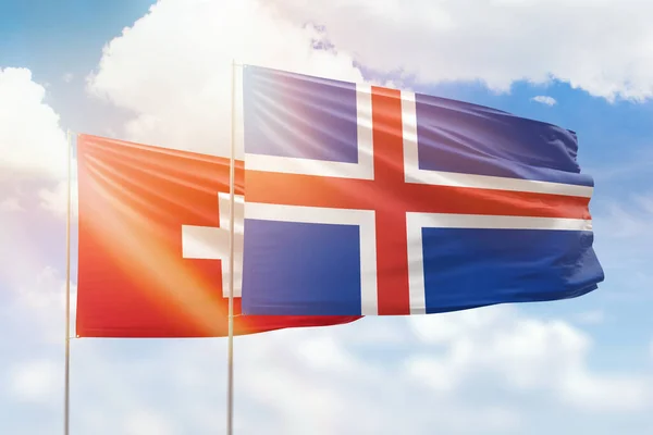 Sunny Blue Sky Flags Iceland Switzerland — Zdjęcie stockowe