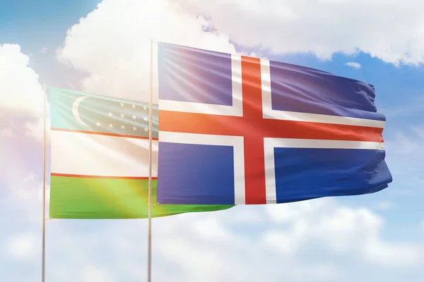 Sunny Blue Sky Flags Iceland Uzbekistan — Fotografia de Stock
