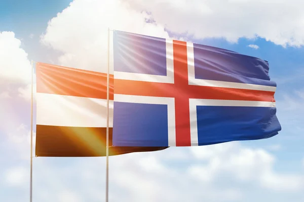 Sunny Blue Sky Flags Iceland Yemen — Photo