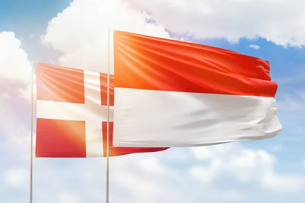 Sunny Blue Sky Flags Indonesia Denmark — ストック写真