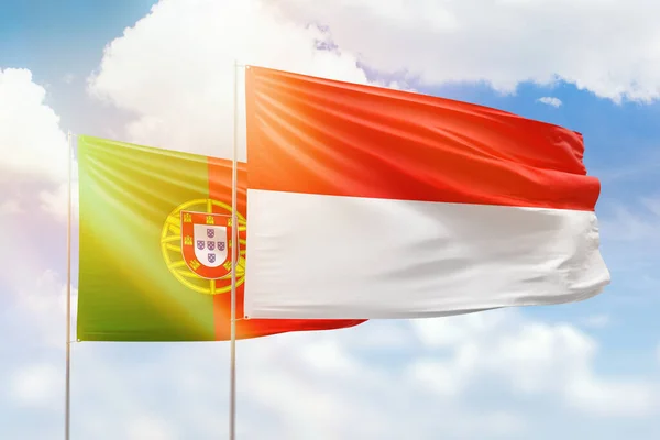 Sunny Blue Sky Flags Indonesia Portugal — Stok fotoğraf