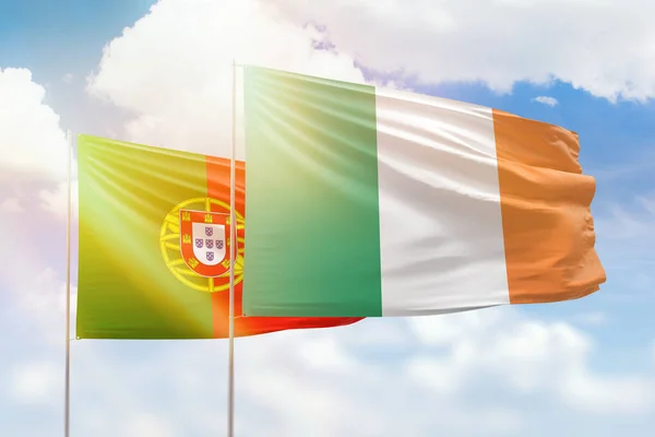 Sunny Blue Sky Flags Ireland Portugal — Zdjęcie stockowe