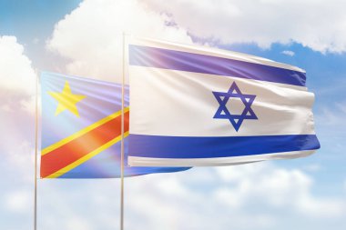 Sunny blue sky and flags of israel and dr congo