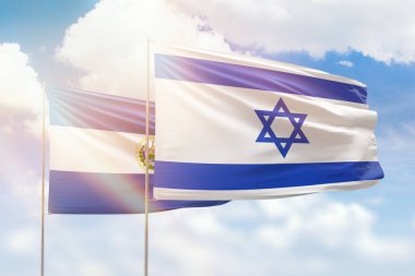 Sunny blue sky and flags of israel and el salvador
