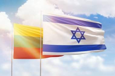 Sunny blue sky and flags of israel and lithuania