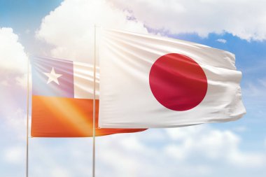 Sunny blue sky and flags of japan and chile