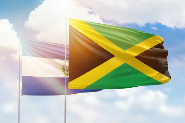 Sunny Blue Sky Flags Jamaica Salvador — 스톡 사진