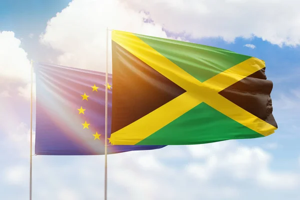 Sunny Blue Sky Flags Jamaica European Union — Stockfoto