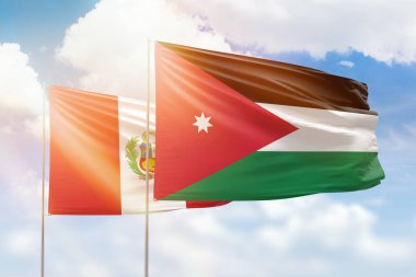 Sunny blue sky and flags of jordan and peru