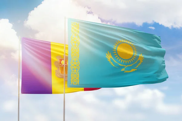 Sunny Blue Sky Flags Kazakhstan Andorra — Zdjęcie stockowe