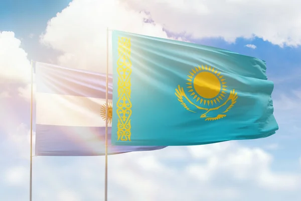 Γαλάζιος Ουρανός Και Σημαίες Του Καζαχστάν Και Της Αργεντινής — Φωτογραφία Αρχείου